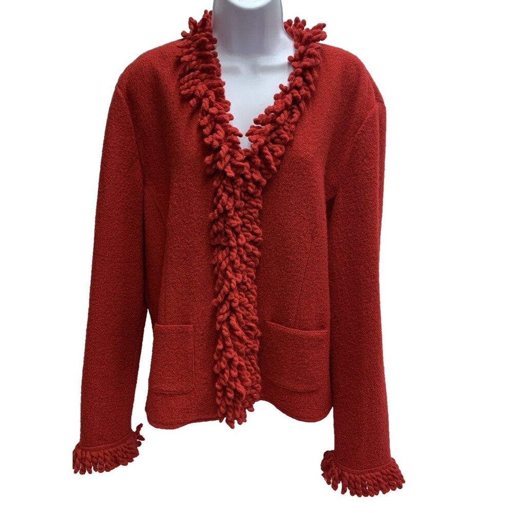 VTG Talbots Women's Sze M Red Wool Cardigan Coat Fringe Snap Pockets Cottagecore